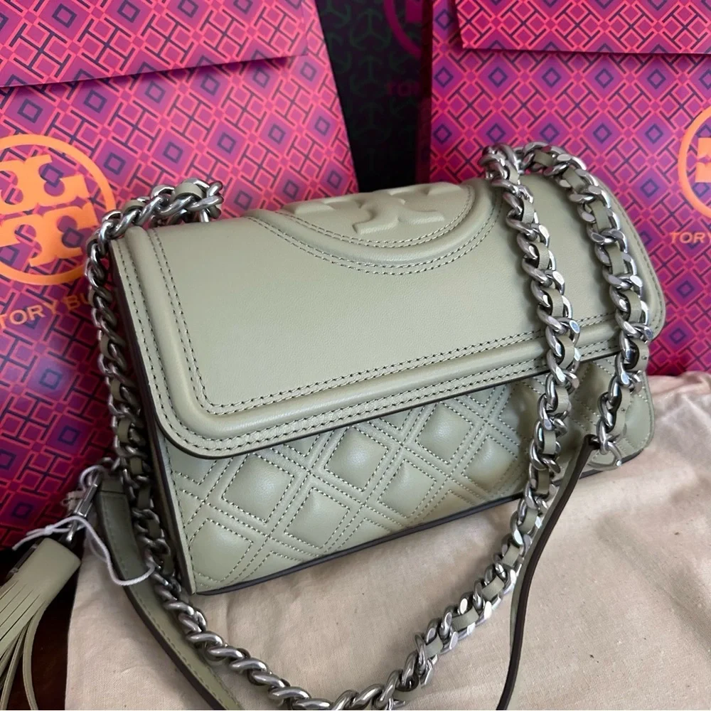 Tory Burch Olive Green Quilted Leather Shoulder Bag with Chain Strap